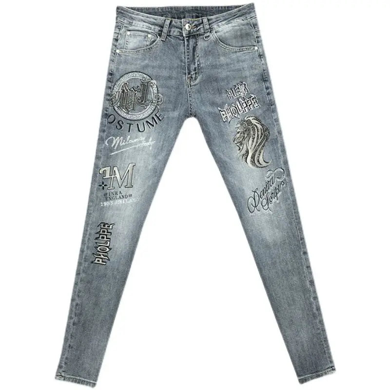 Fashionable Stylish Youth Luxury Work Jeans for Men Slim Fitting with Unique Lion Prints Classic with Rhinestone Denim Trousers