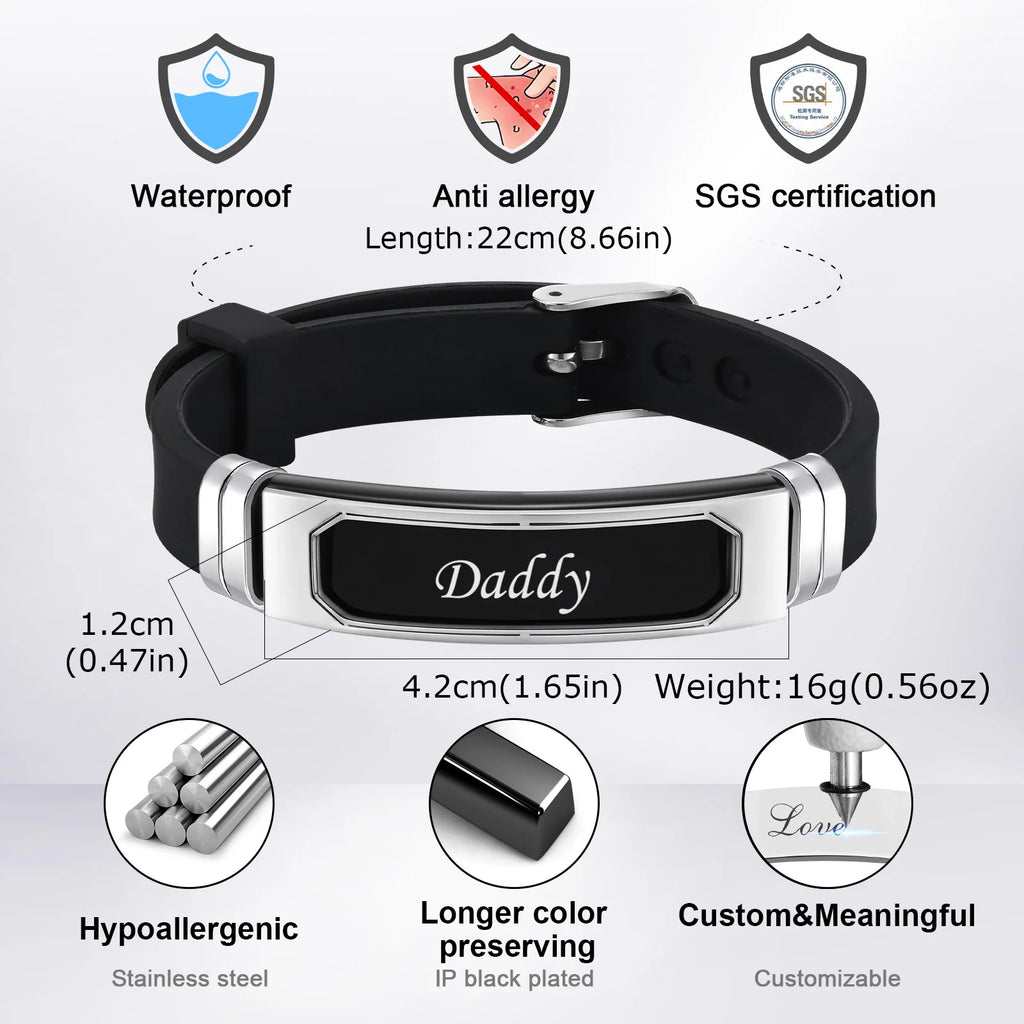 Silicone Bracelet Gift for Dad Husband Him,Waterproof Stainless Steel Bar Adjustbale Wristband,Father's Day Gift