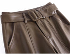PENDRA Belted High Waist Straight PU Leather Pants