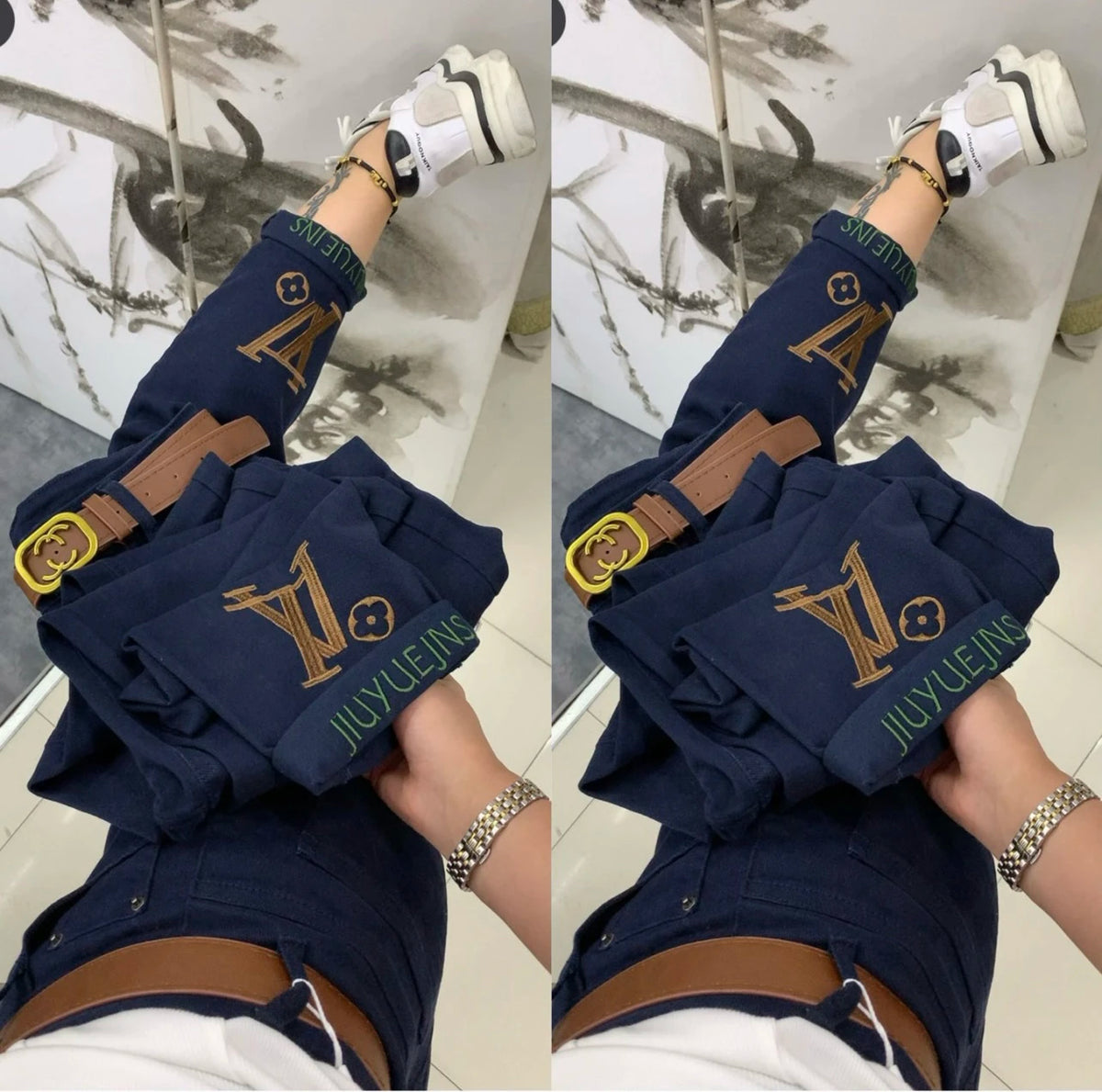 PENDRA Letter Embroidery High Waist Straight Jeans