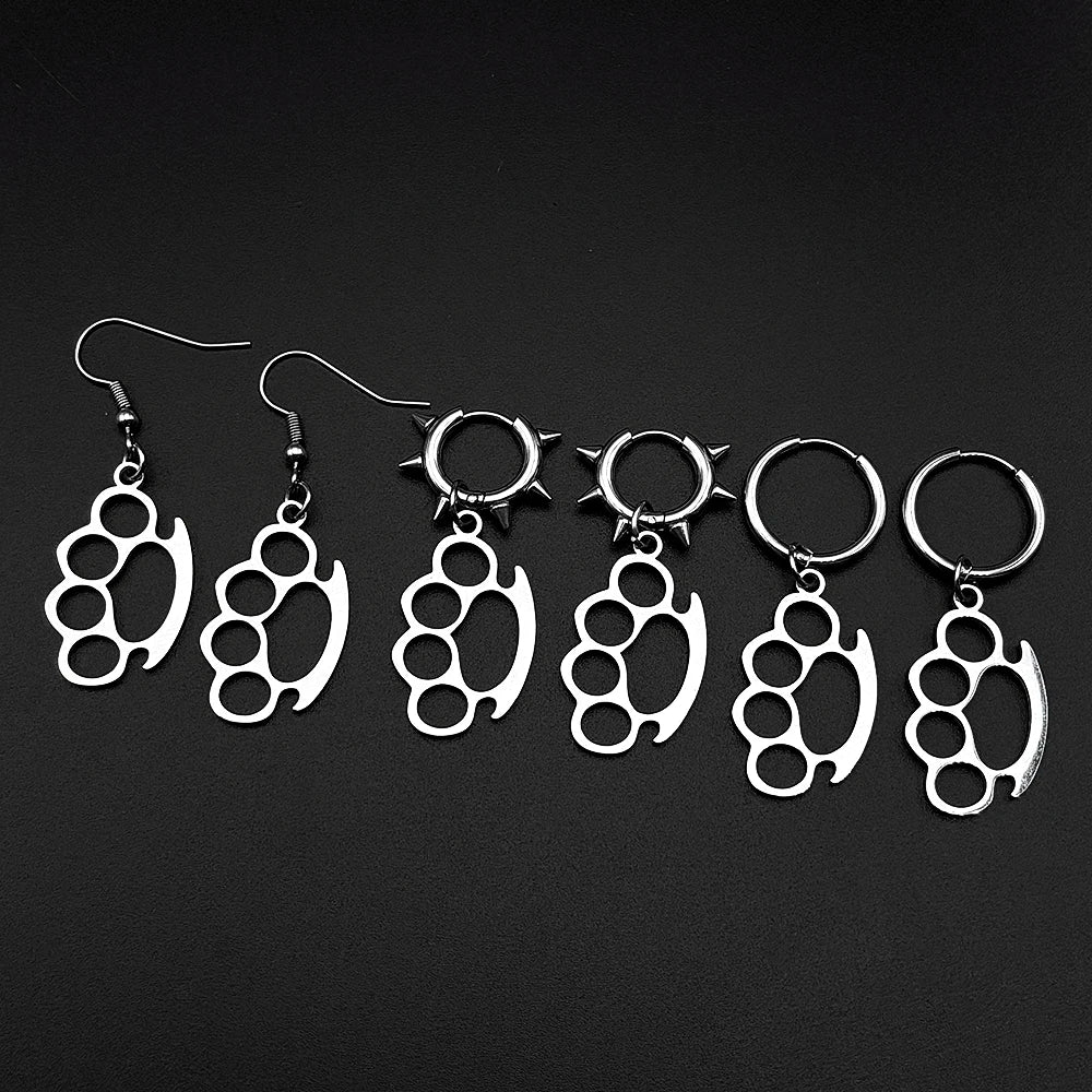 Brass Knuckles Dangle Earrings Punk Gothic Stainless Steel Earring Rivet Spike Hook Style For Edgy Streetwear Jewelry Gifts