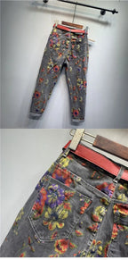 Spring Autumn European Ethnic Style Oversized Printed Jeans Retro Loose Ankle-Tied Harem Trousers Fashionable Denim Pants