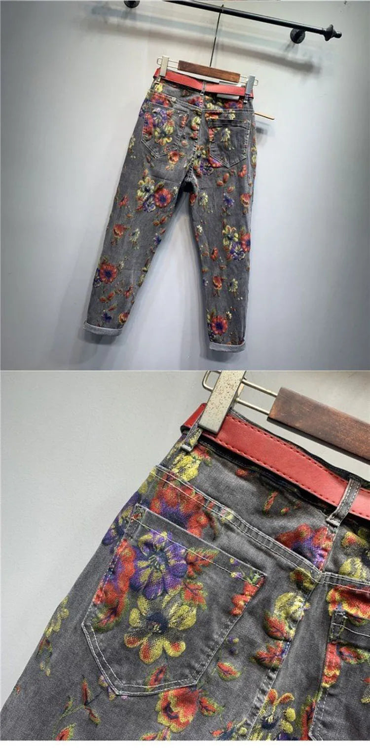 Spring Autumn European Ethnic Style Oversized Printed Jeans Retro Loose Ankle-Tied Harem Trousers Fashionable Denim Pants