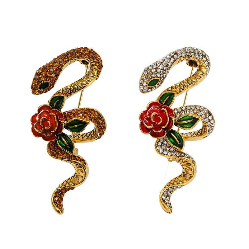 Wuli&baby Rhinestone Rose-flower Snake Brooches For Women Men 3-color Lovely Animal Party Brooch Pins Gifts