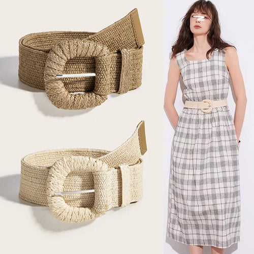 Braided Waist Belt Female Vintage Boho PP Fake Straw Wide long Belts Waist Strap For Women round square buckle dress decorative