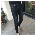High Quality Stylish Low Rise Men's Designer Clothes New Blue Embroidered Jeans for Men Slim Kpop Style Students Cowboy Pants