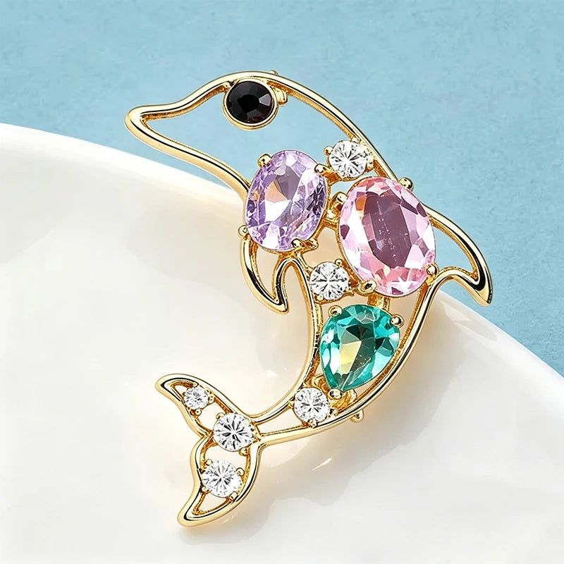 Wuli&baby Crystal Leaping Dolphin Fish Brooches For Women Unisex Lovely Ocean Animal Casual Party Brooch Pins Gifts