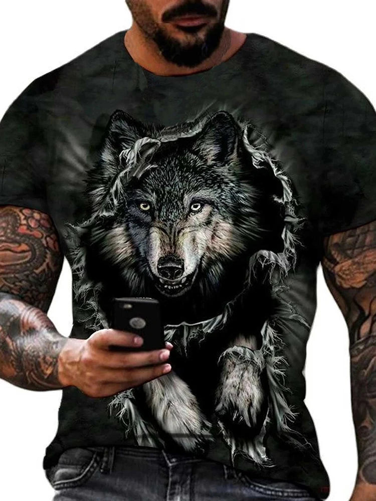 Summer Street Fashion T-shirt Urban Everyday Casual Short-sleeved Top Outdoor Camping Sports T-shirt 3D Wolf Print Men's T-shirt