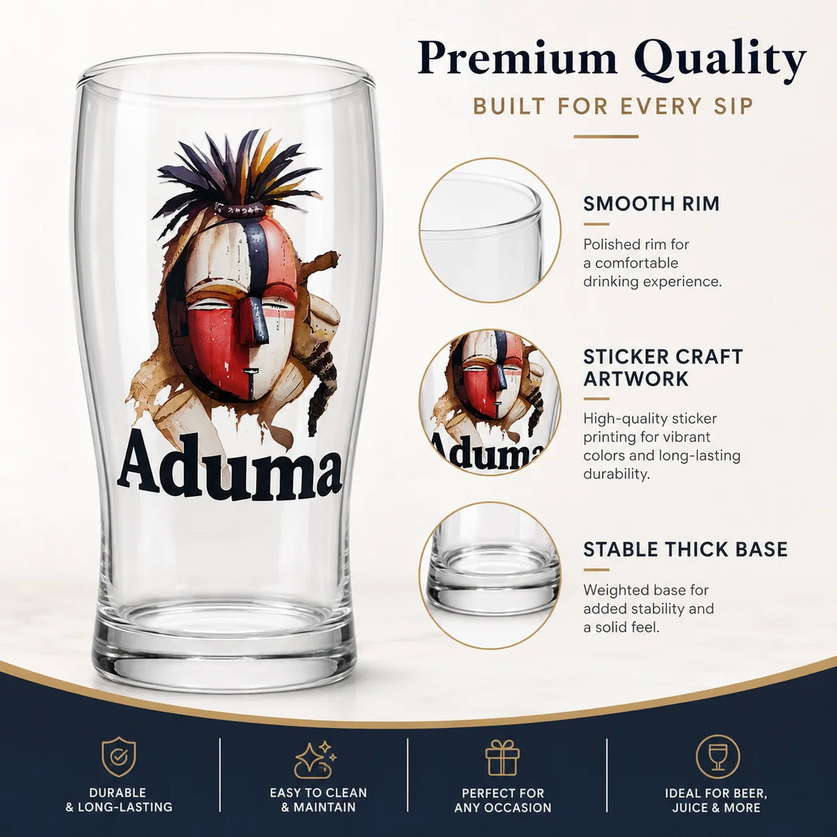 Aduma African Mask Pattern Pint Beer Glass Clear Thick Glass Cup Home Bar Pub Drinking Decor Cup