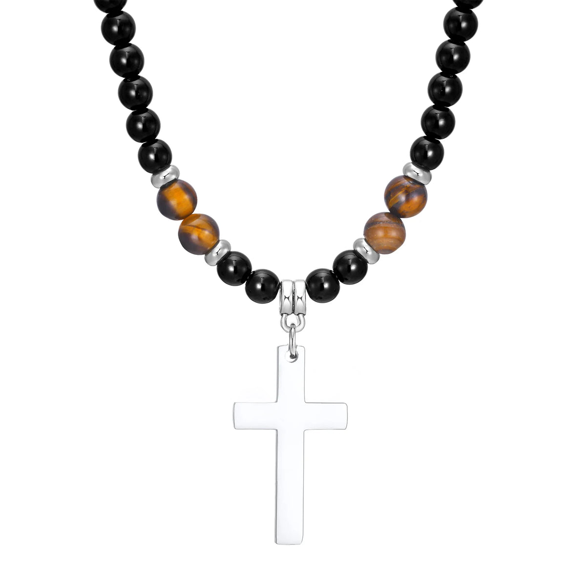 Mens Cross Pendant Necklaces, Waterproof Tiger Eye Black Beaded Necklace,Father's Day Birthday Party Gift for Him