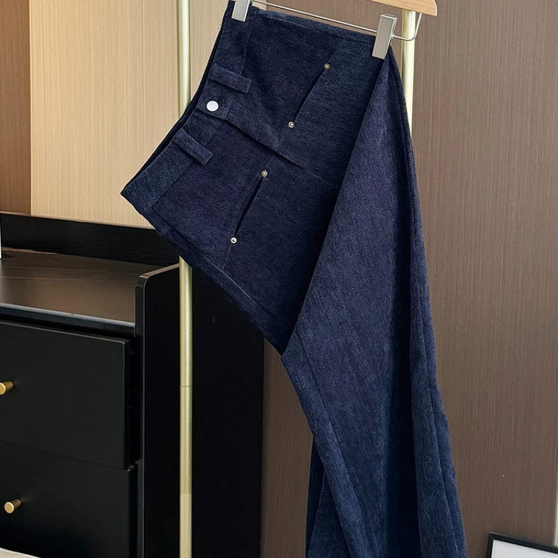 Deep blue wide leg casual pants women's autumn and winter 2025 new loose thick fashion versatile striped straight leg pants