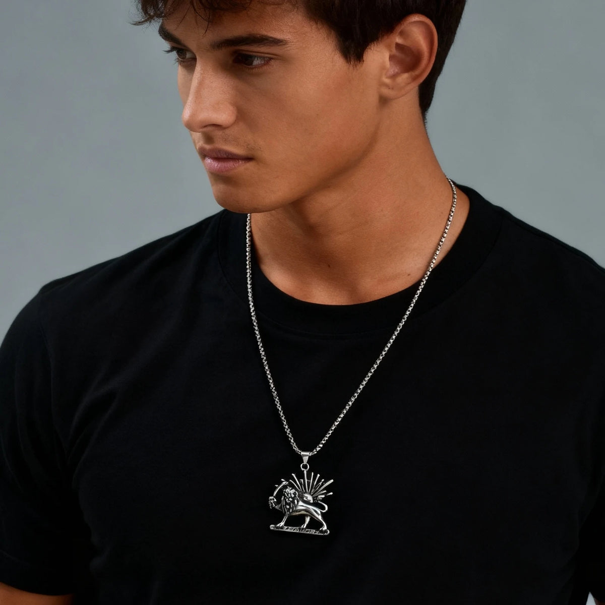 Persian Shir Khorshid Lion Sun Pahlavi Necklace for Men,Silver Color Stainless Steel Sickle Lion Necklace,Iranian Jewelry