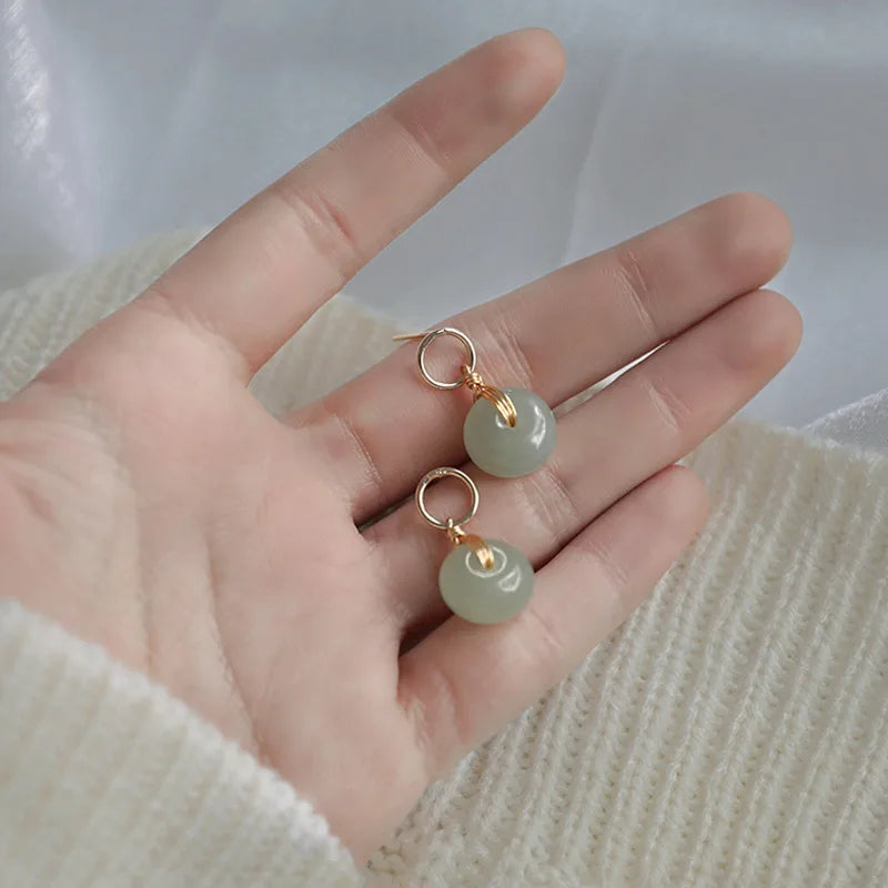 VENTFILLE Hetian Jade Ear Hook Earring Women's High-end Temperament Ethnic Style Retro Earrings Cloisonne Craft Dangler Gift