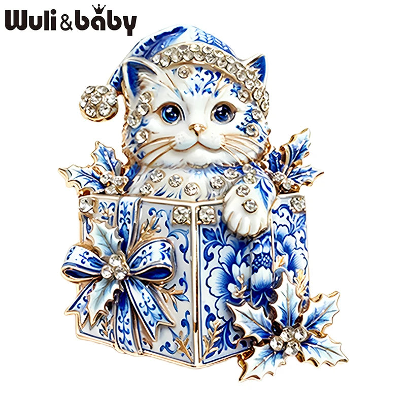 PENDRA Giftbox Rhinestone Christmas Cat Brooch