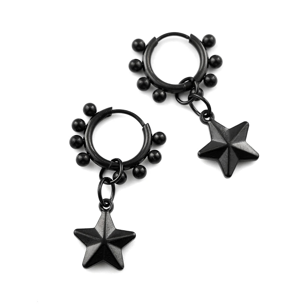 Punk Black Moon Star Hoop Earrings Gothic Crescent Dangle Stainless Steel Beaded Drop Earrings Men Women Hip Hop Jewelry Gifts