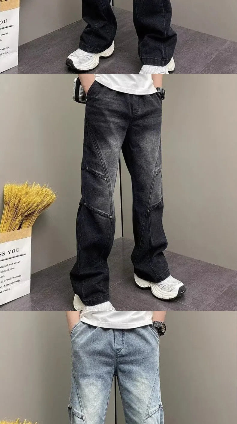 PENDRA Drawstring Elastic Waist Harlan Straight Black Cargo Hombre Jeans