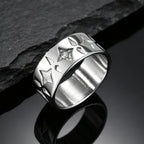 Stainless Steel Wide Band Star Ring for Men,Cubic Zirconia Five Pointed Star Rings,Vintage Punk Unisex Finger Ring Jewelry Gift