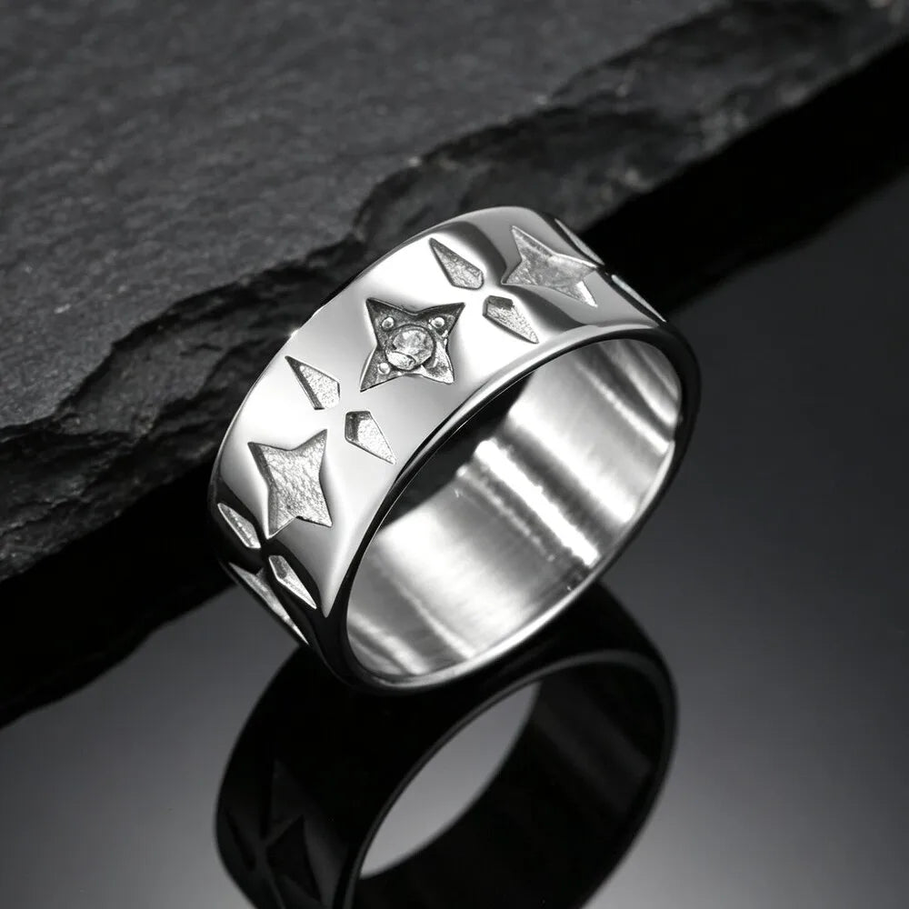 Stainless Steel Wide Band Star Ring for Men,Cubic Zirconia Five Pointed Star Rings,Vintage Punk Unisex Finger Ring Jewelry Gift