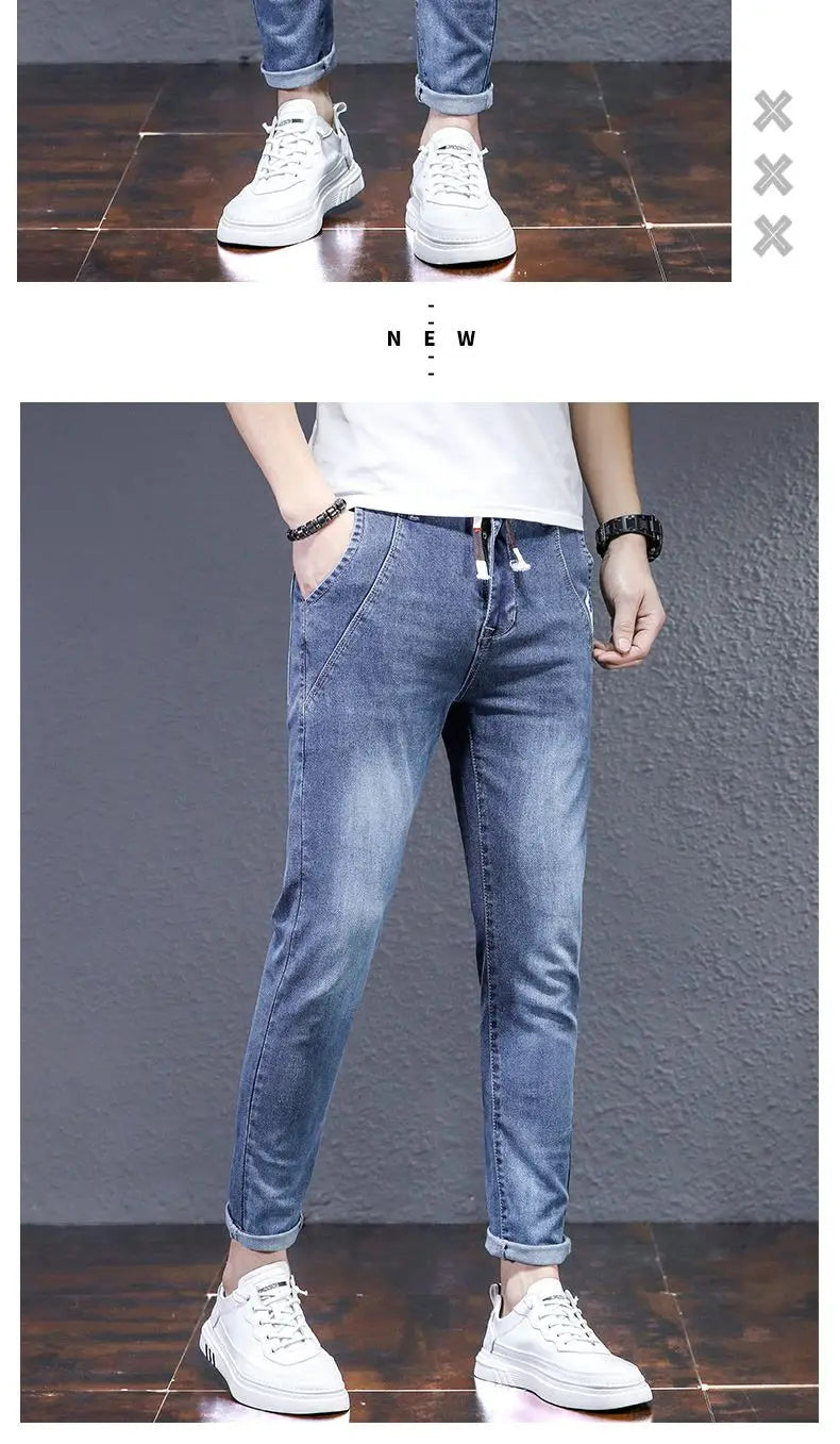 Man Fashion Elastic Waist Denim Jeans Men's Elastic Slim-fit Harlan 2026 New Light-colored Casual Trend Drawstring Men's Pants