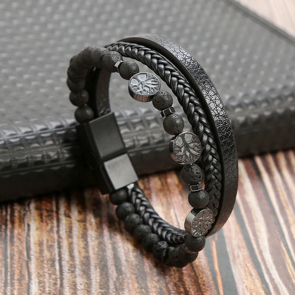 Tree of Life Leather Bracelets for Men Dad Father Grandfather BFF, Black Braided Rope Chain Multi-Layers Wristband Gift Jewelry
