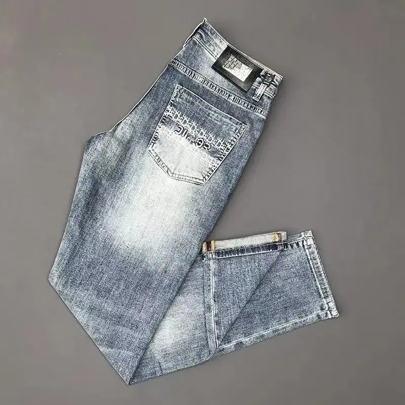 Spring Autumn 2025 Man Luxury Clothing Retro Embossed Denim Jeans for Men High-End Washed Fashion Man Designer Skinny Jeans
