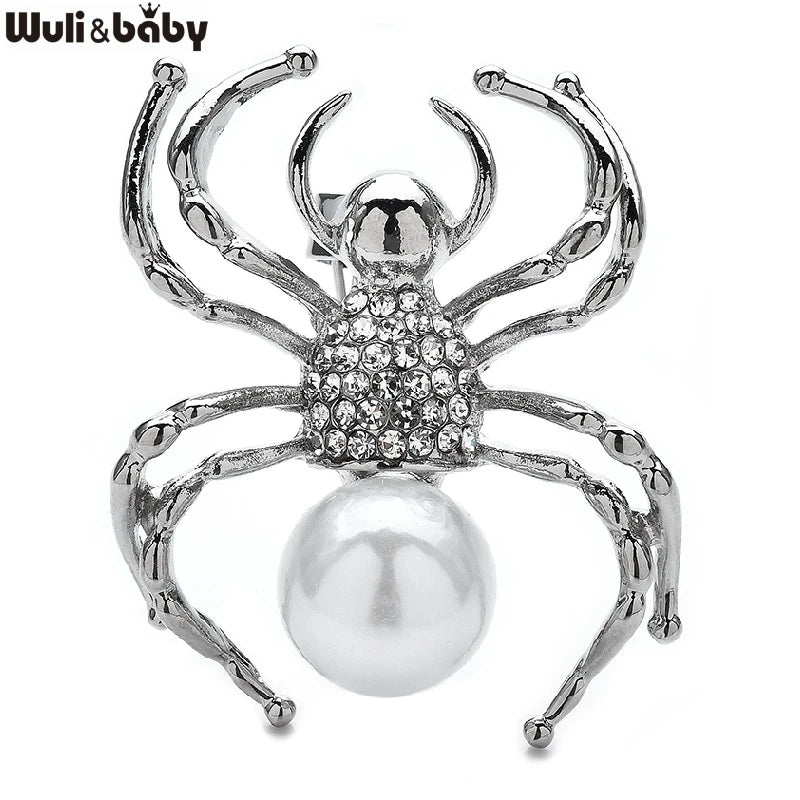 Wuli&baby Pearl Spider Brooches For Women Unisex 2-color Rhinestone Lovely Insects Party Casual Brooch Pins Gifts