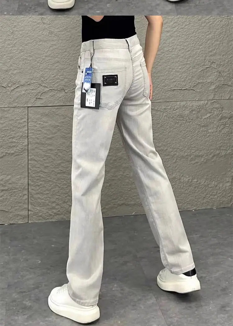 PENDRA Original White Gray Draped Slim-Fit Straight-leg Slimming Jeans