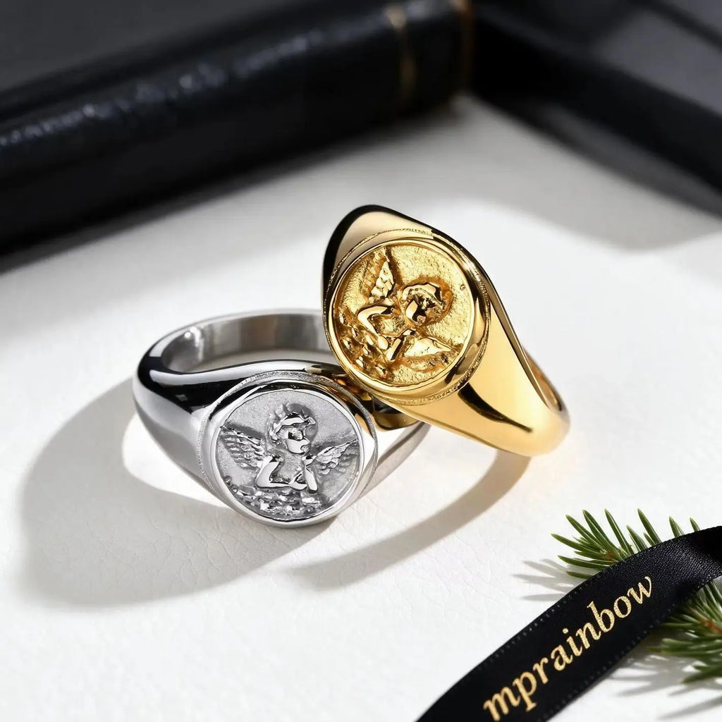 Cupid Signet Ring for Men,Gold Plated Stainless Steel Finger Ring Statement Ring,Punk Vintage Jewlery Gift