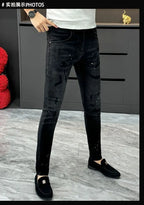 Designer Jeans Man High Quality Men's Scraped Black Jeans Autumn Winter Splashing Ink Slim-fit Pants Handsome Casual Long Pants
