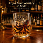 Kraken Octopus Whiskey Glass Vintage Nautical Compass Print Lowball Tumbler Heavy Clear Crystal Spirits Cup Unique Sea Monster