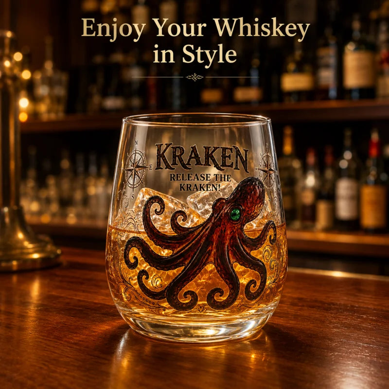 Kraken Octopus Whiskey Glass Vintage Nautical Compass Print Lowball Tumbler Heavy Clear Crystal Spirits Cup Unique Sea Monster