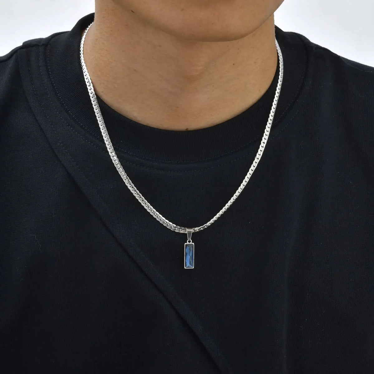 Sea Blue Geometric Pendant Necklace for Men Boys,Stainless Steel Blade Flat Cuban Chain Collars,Hip Hop Cool Jewelry Gift