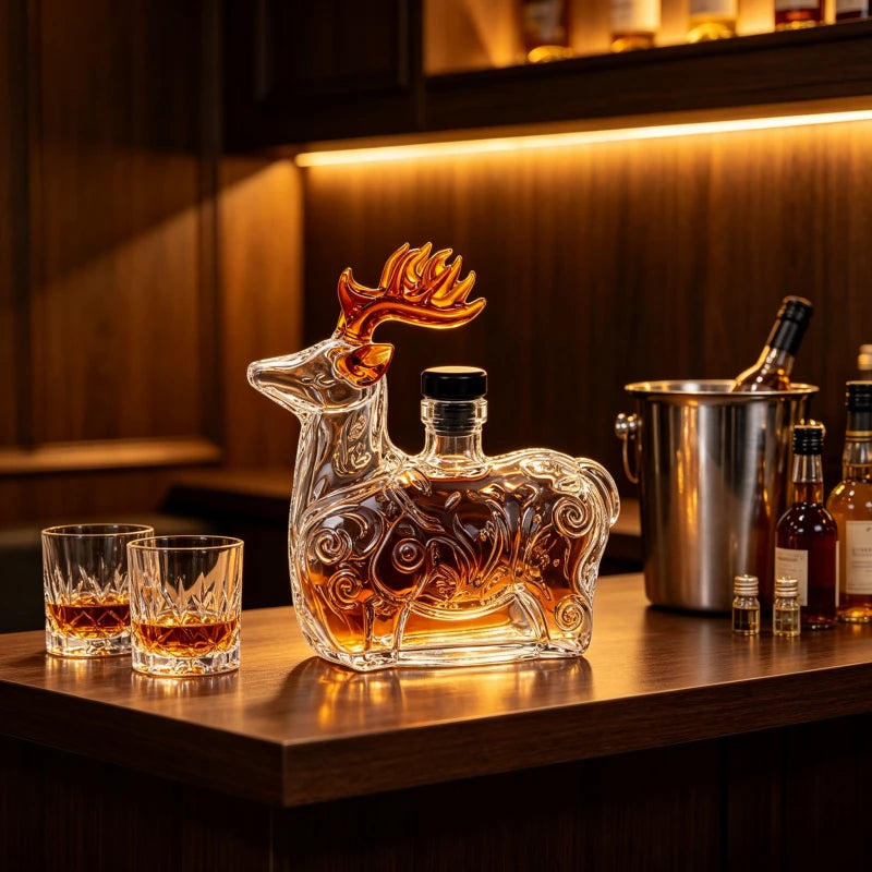 Creative Reindeer Shaped Liquor Decanter Clear Glass Alcohol Bottle with Black Stopper for Bar Cabinet Display