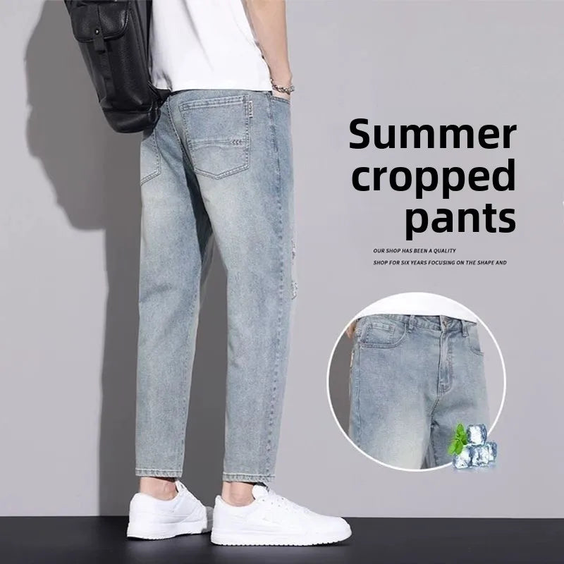 Ripped Jeans Men's 2025 Summer New Trendy Brand Ruffian Handsome Slim-fitting Elastic Straight Trendy Casual Cargo Work Pants