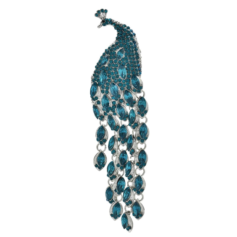 PENDRA Plume Rhinestone Tassel Peacock Brooch