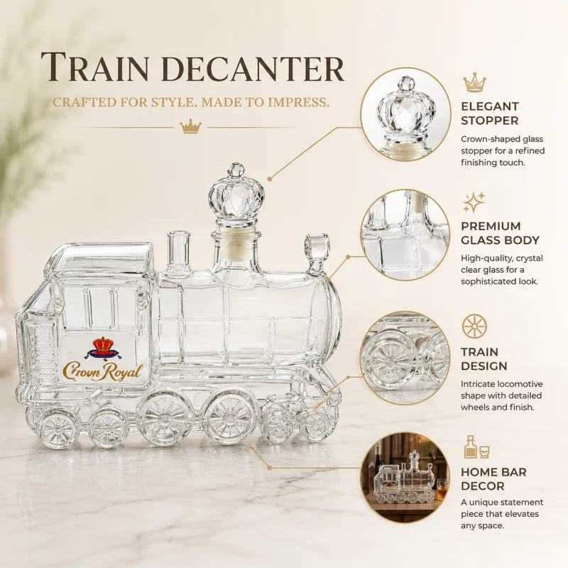 Crown Royal Train Shaped Glass Decanter 350ml Whiskey Bourbon Brandy Bottle Barware Collector Gift