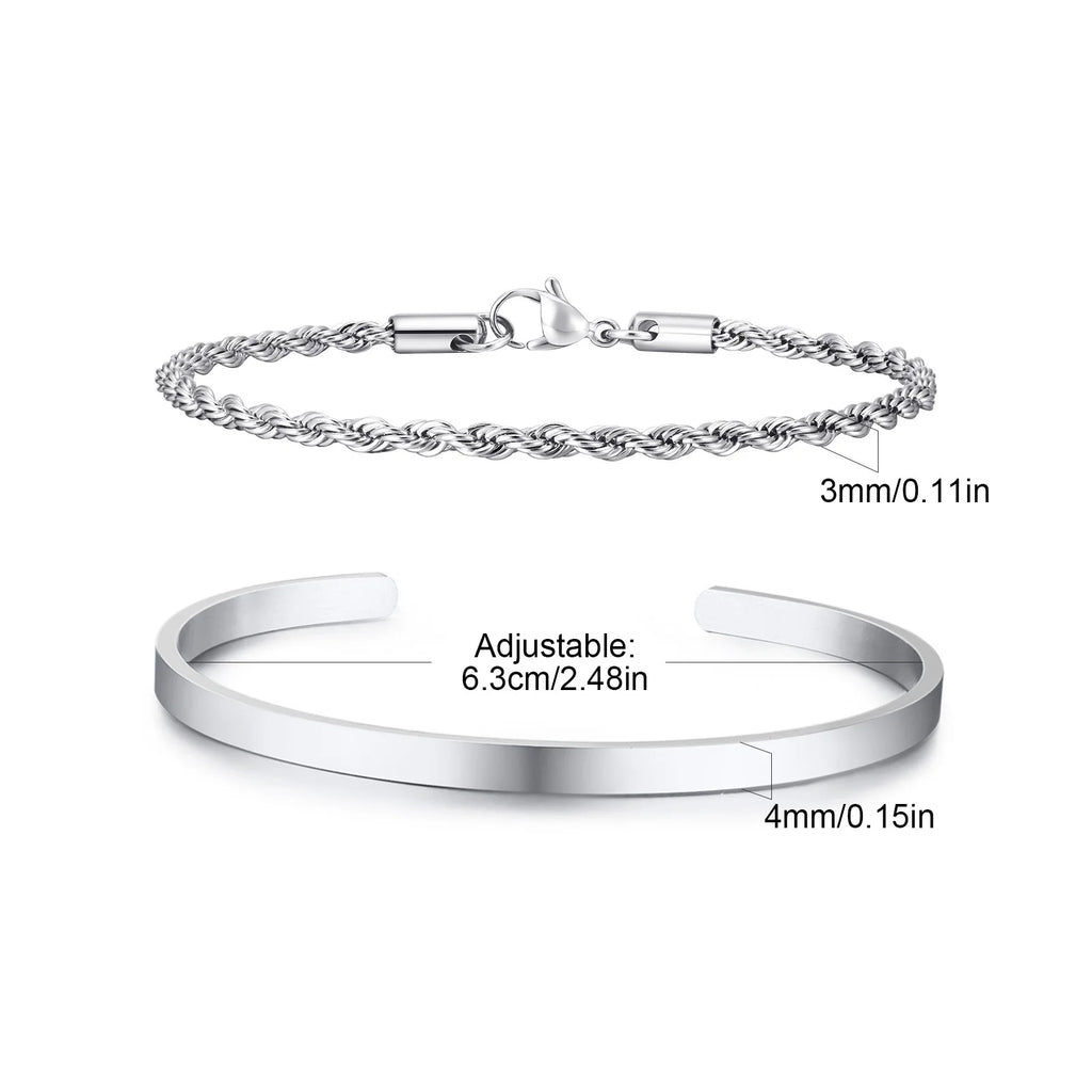Waterproof Men's Layered Bracelets,2pcs Stainless Steel Twisted Chain Link Wristband,4MM Cuff Bangle Gift