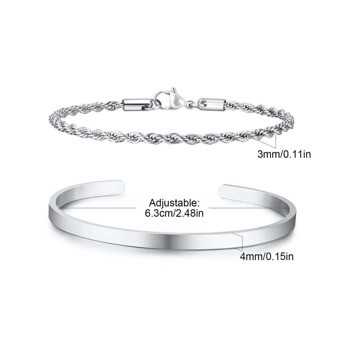 Waterproof Men's Layered Bracelets,2pcs Stainless Steel Twisted Chain Link Wristband,4MM Cuff Bangle Gift