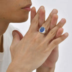Blue Natural Stone Oval Ring for Men,Lapis Lazuli Stainless Steel Waterproof Ring,Cool Hip Hop Jewelry Gift