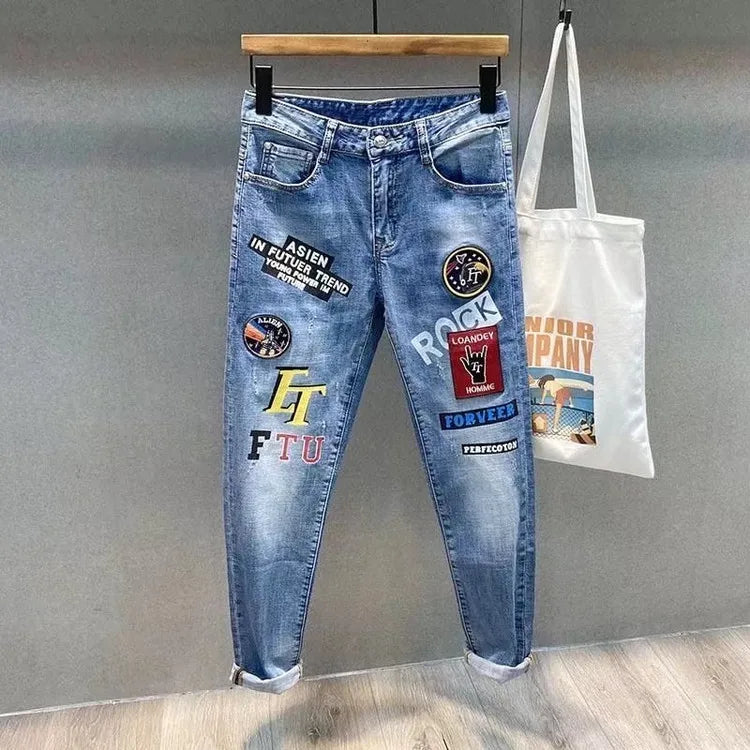 Spring Summer White Hot Drill Ripped Cowboy Korean Style Streetwear Men Washed Luxury Holes Slim Hip-hop Stylish Jeans Trousers