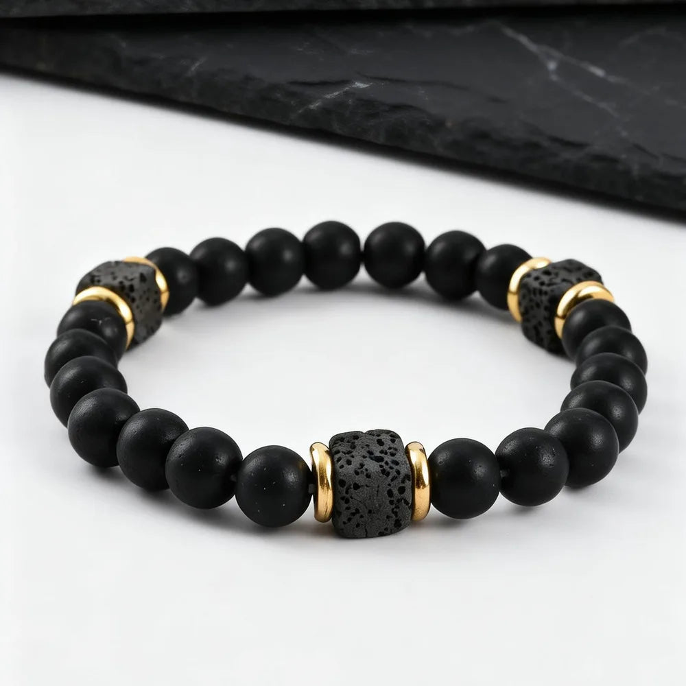 Mountain Stone Black Bead Bracelet for Men,8mm Black Agate Beaded Bracelet,Trendy Jewelry GIft