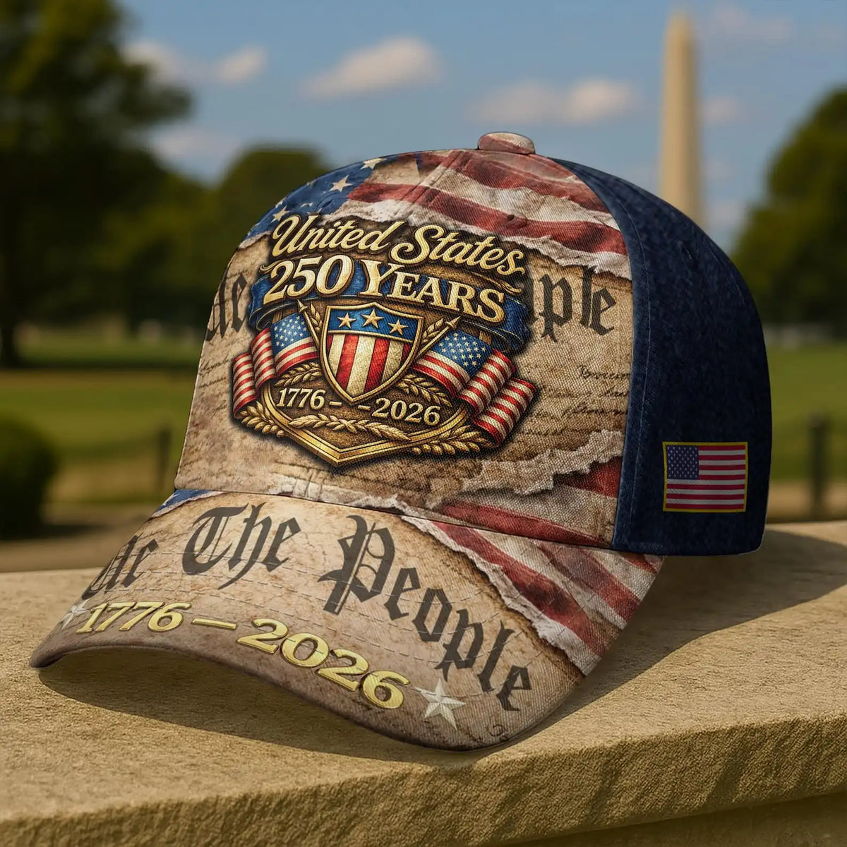 250 Year American Anniversary Baseball Cap, Vintage US Flag & Constitution Design, Independence Anniversary Adjustable Hat