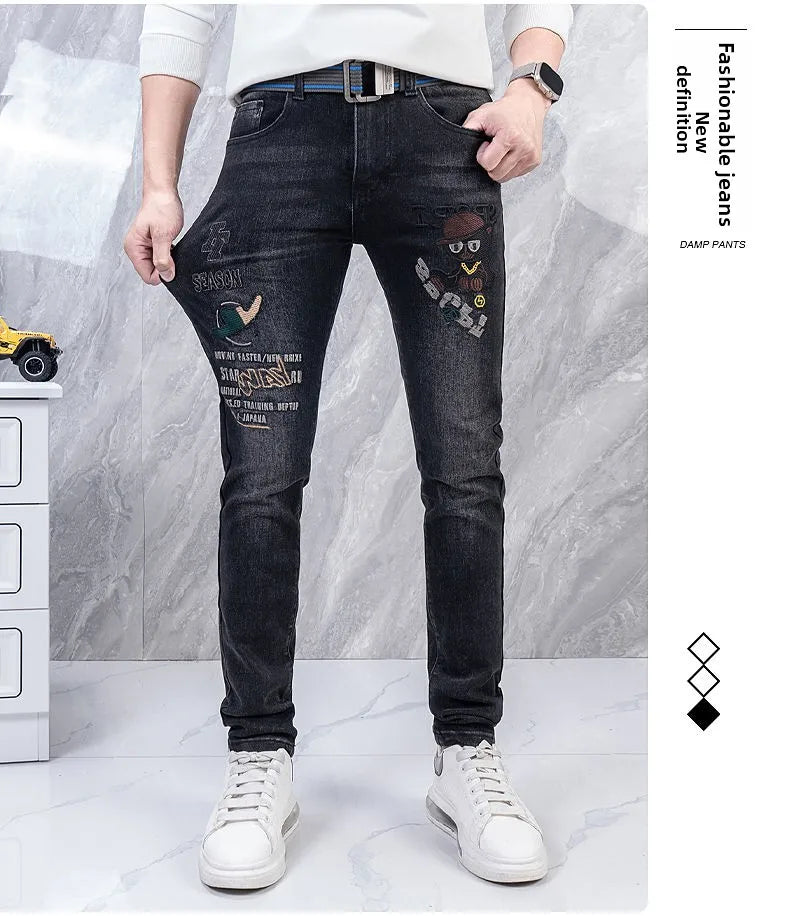 Original Brand Men's Clothing Autumn and Winter New Trend Letter Embroidered Jeans Men's Slim Fashion Korean Elastic Trousers