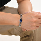Chunky Cuban Chain Bracelets for Men Boys,Embossed Stainless Steel Chain Link Wristband with Blue Stone,Retro Jewelry Gift