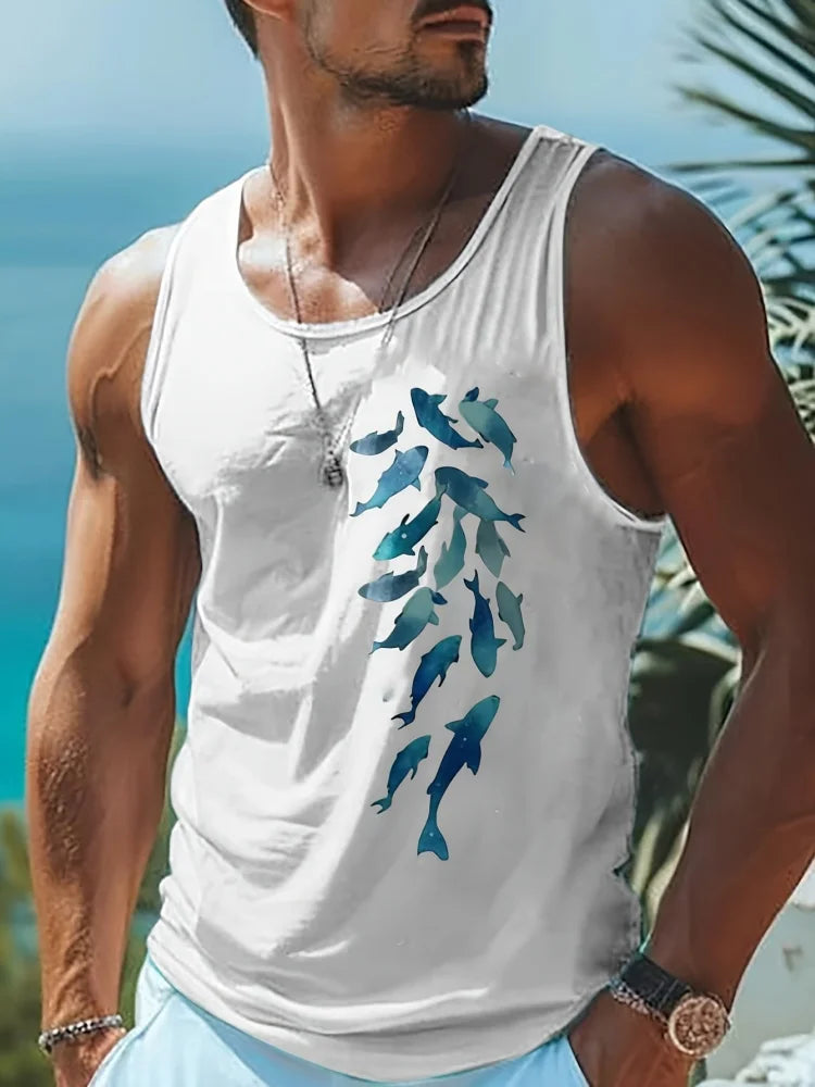 Summer Casual Men's Tank Top Outdoor Beach Men's Fashionable Sleeveless T-shirt Hawaiian-style 3D Palm Tree Print Men's Top