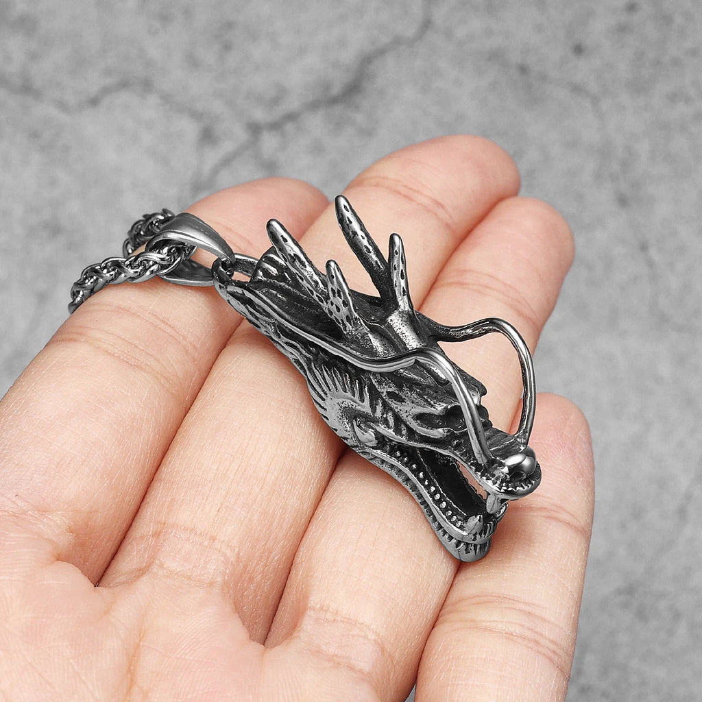 PENDRA Chinese Dragon Head Steel Necklace