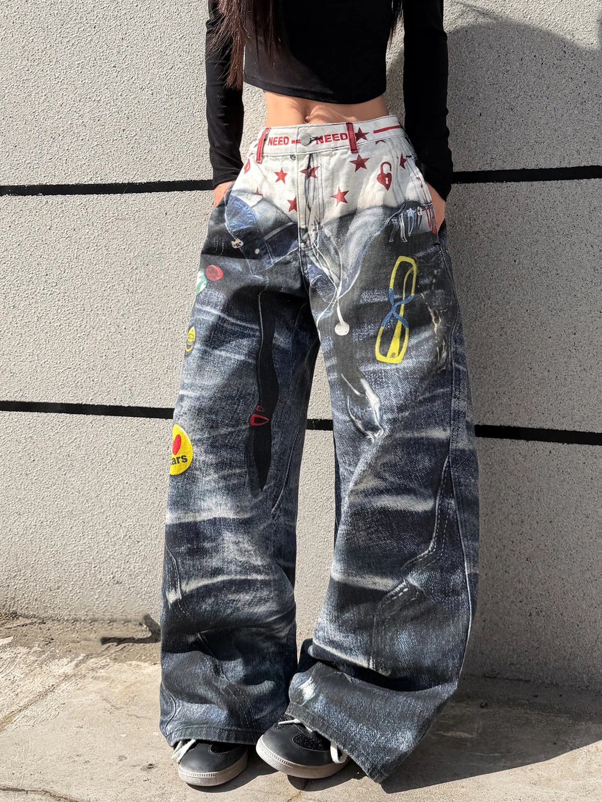 American High-Street 3D Print Design Blue Loose Jeans Y2K Street Trendy Fashion Versatile High-Waist Wide-Leg Pants