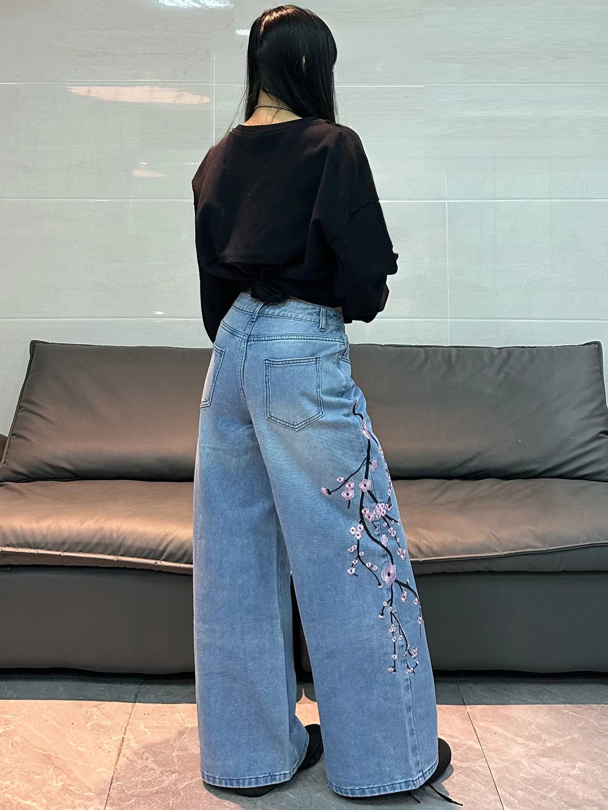 American Vintage Floral Embroidery Design Blue Baggy Jeans Women Y2K Street Fashion Trendy Versatile Comfortable Wide-Leg Pants