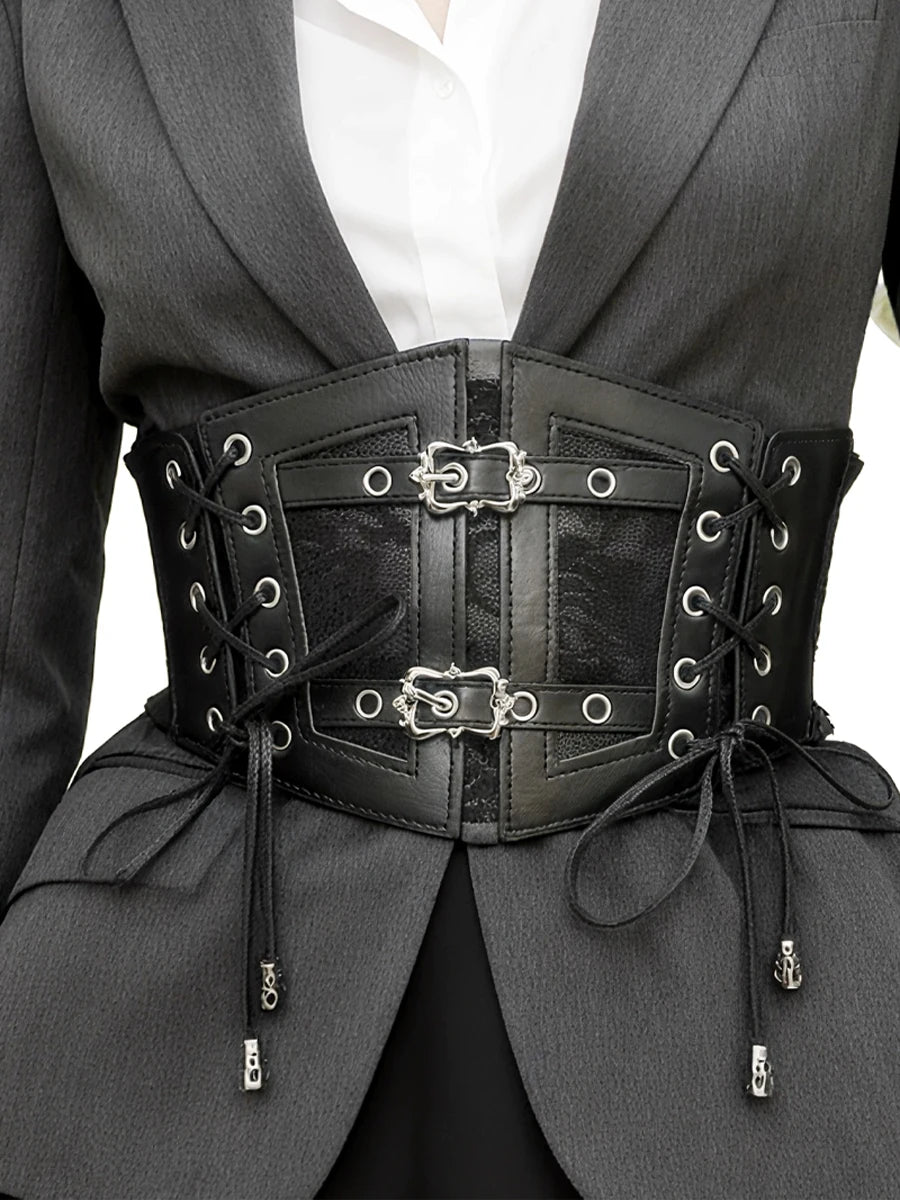 Lace Corset Punk Black Wide Belt With Chain Pu Leather Slimming Body Belts for Women Elastic High Waist Belt Female Cummerbunds