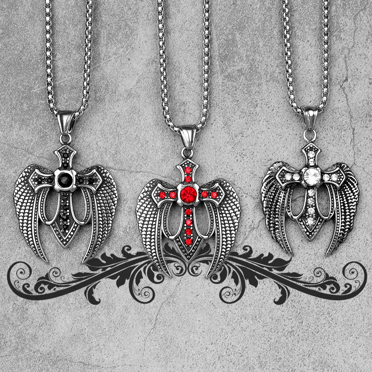 Red Black Cross Wings Men Long Necklaces Pendants Chain Punk for Boy Male Stainless Steel Jewelry Creativity Gift Wholesale
